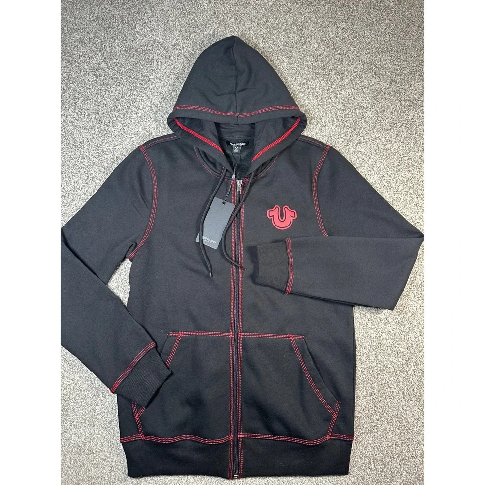 True Religion Mens TNL Puff Buddha Zip Hoodie Jet Black Red Stitch 701039 S